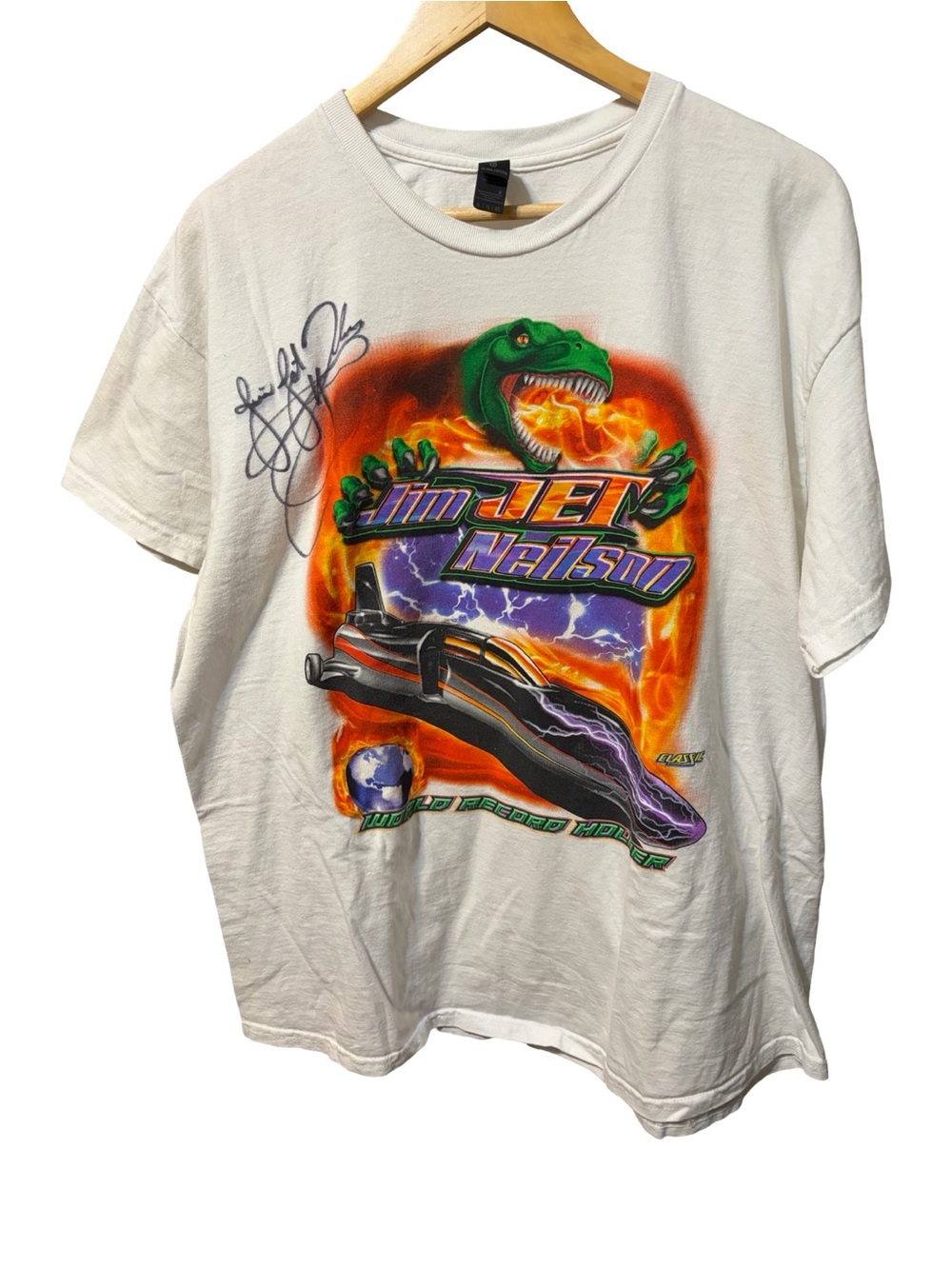 Jim 'Jet' Nielsen Graphic T-Shirt — White with Multicolor Racing Print. XL #095T
